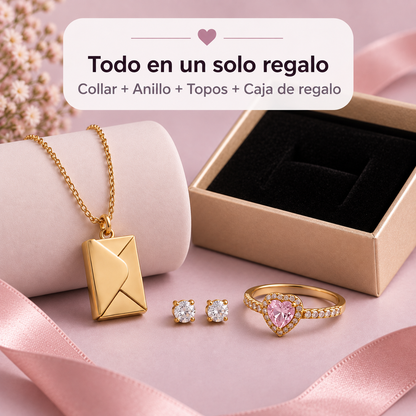 Contenido del Set Secreto de Amor: collar, anillo, topos y caja