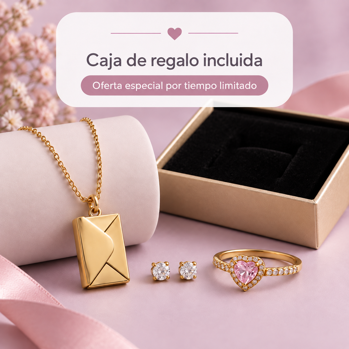 Set de regalo con collar sobre, anillo corazón, topos y caja de regalo